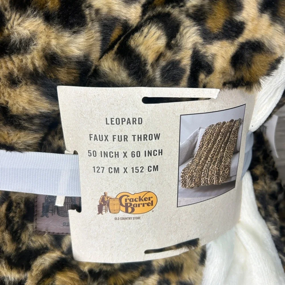 Cracker Barrel Leopard Print Faux Fur Throw Blanket Brown Beige 50x60